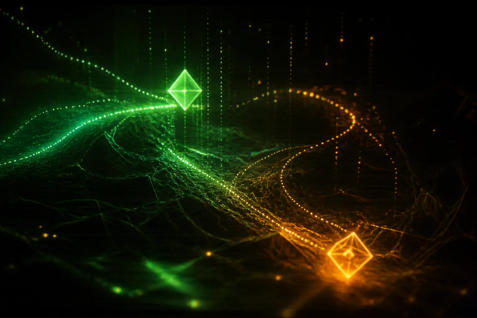 Glowing green and amber wireframe geometry with streaming particle data-flow on near-black — the renderer's output